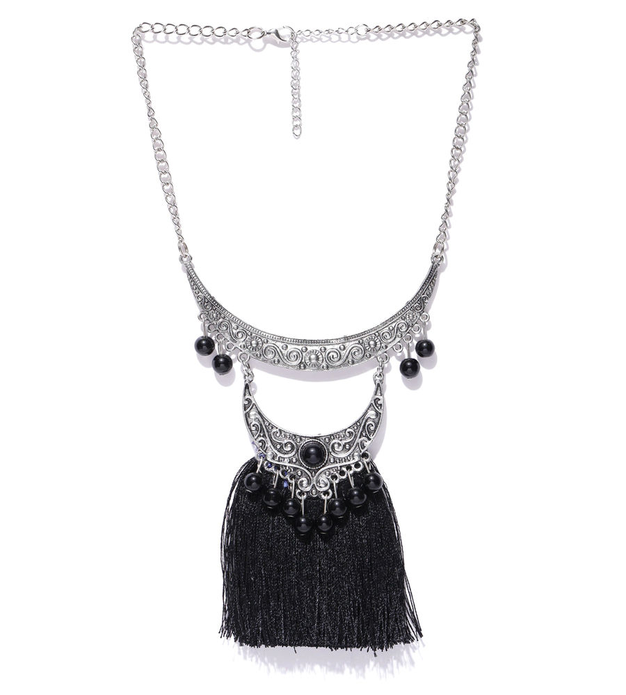 YouBella Black Oxidised Silver-Plated Textured Tasselled Necklace